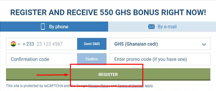 Image of the 1xBet Ghana complete register page