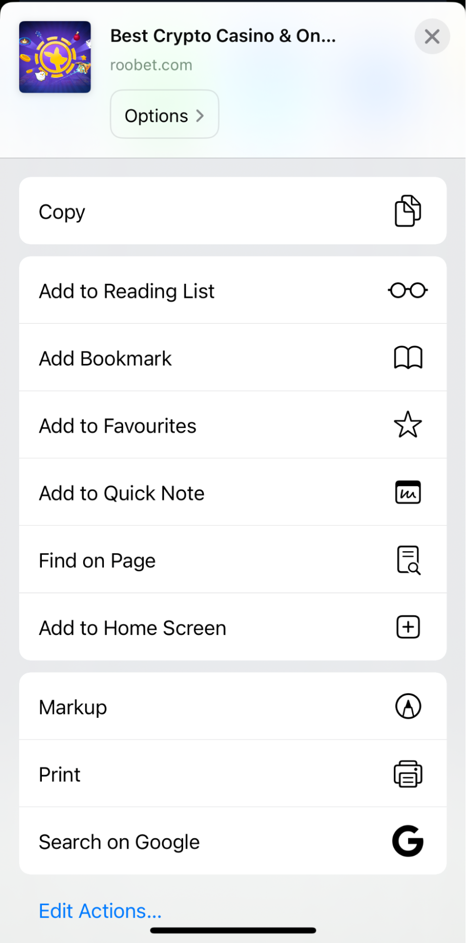 Roobet iOS Add to Home Screen Option 