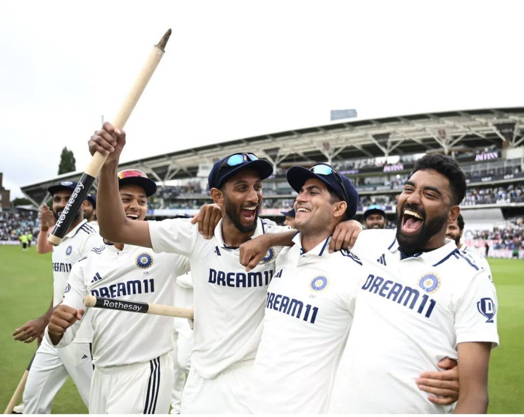 ALL SMILES: Skipper Shubman Gill with Mohammed Siraj and Prasidh Krishna after winning the final Test. @BCCI/X ALL SMILES: Skipper Shubman Gill with Mohammed Siraj and Prasidh Krishna after winning the final Test. @BCCI/X