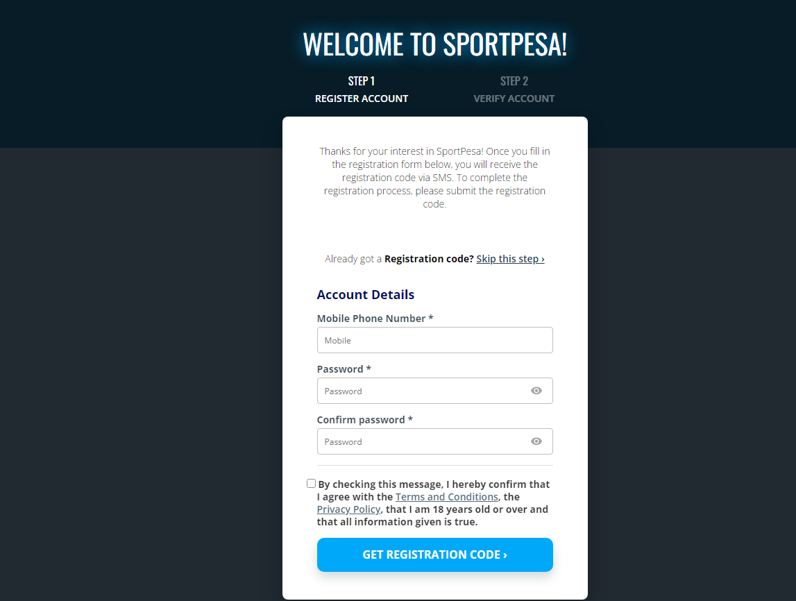 Sportpesa Registration Page