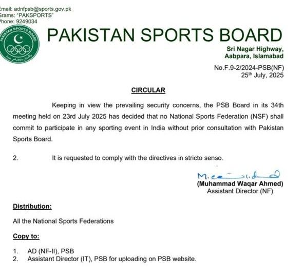 Government directives for sports events involving India.