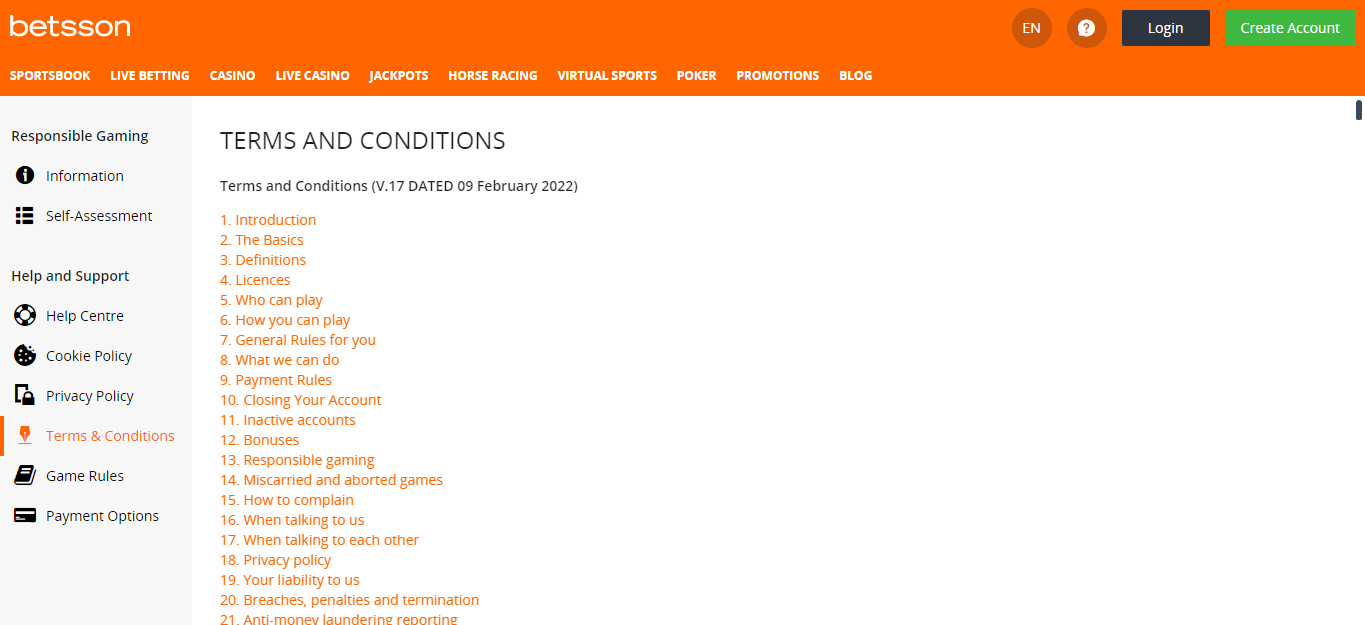 Betsson terms and conditions page