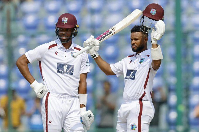 FINE KNOCK: Shai Hope celebrates his ton. @WestIndies/X