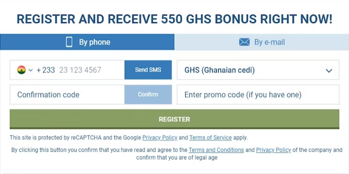 Image of the 1xBet Ghana register form page
