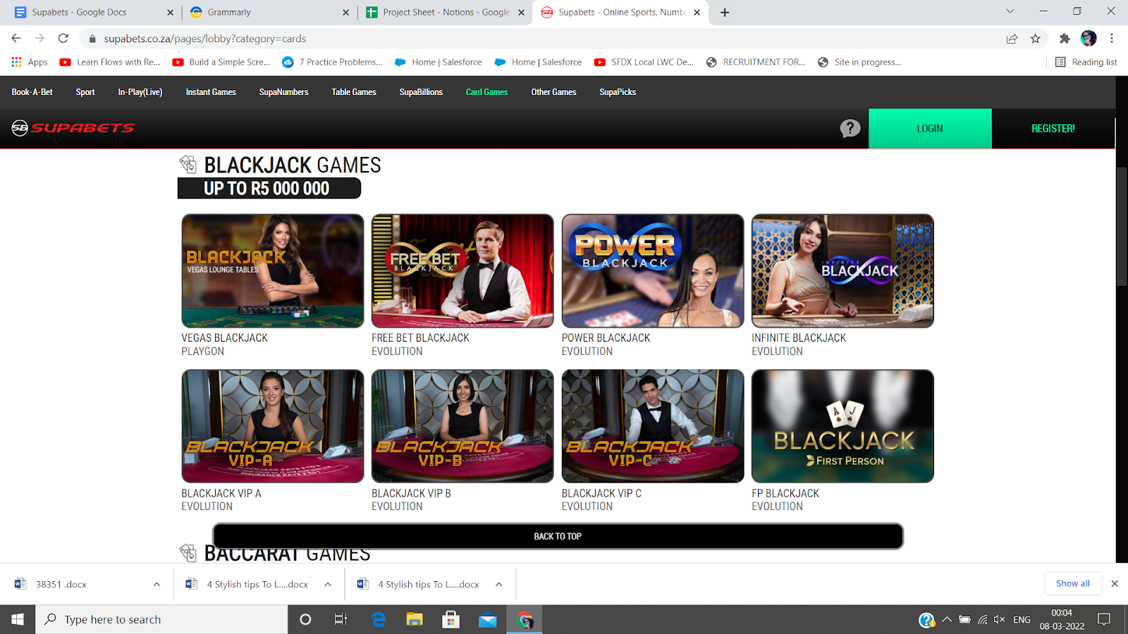 Blackjack games offered by Supabets site.