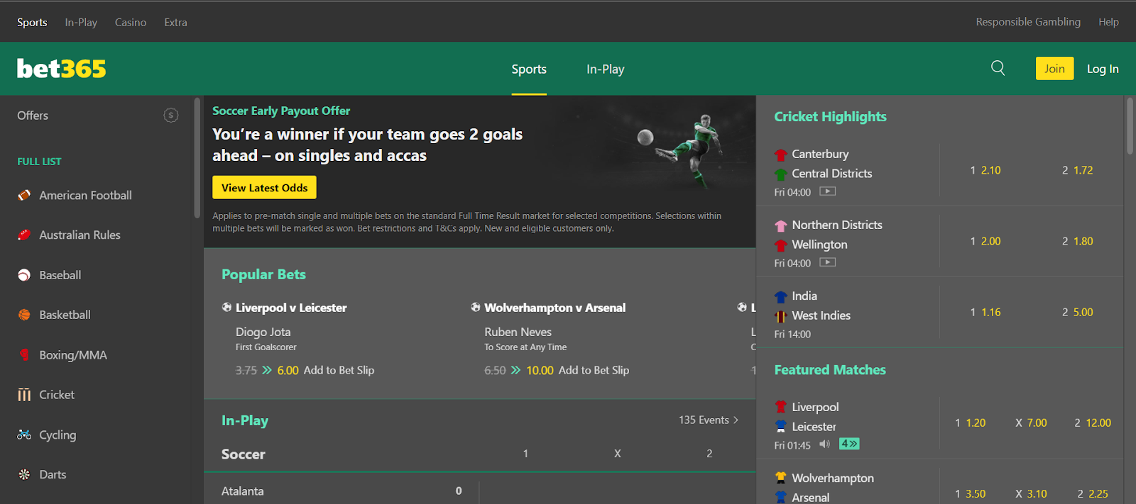 Homepage of bet365 betting website offering login, games to bet and scores of current tournaments.