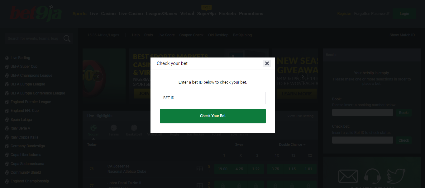 An image of the Bet9ja coupon check page