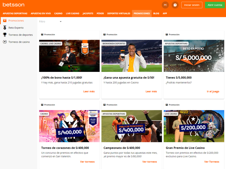 Sección de promociones con el bono de bienvenida Betsson
