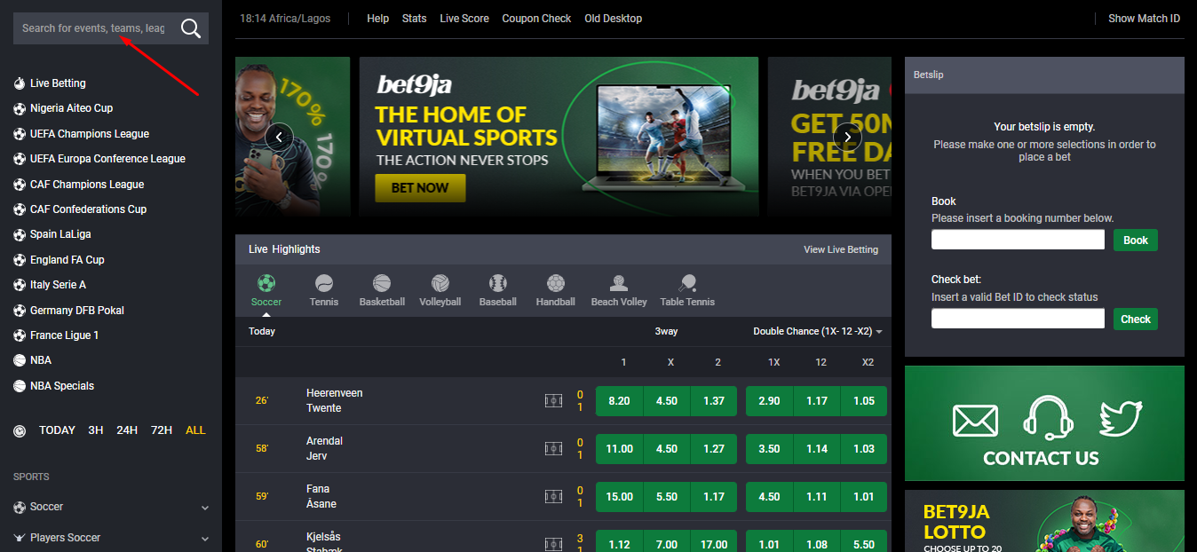 An image of Bet9ja search sports page