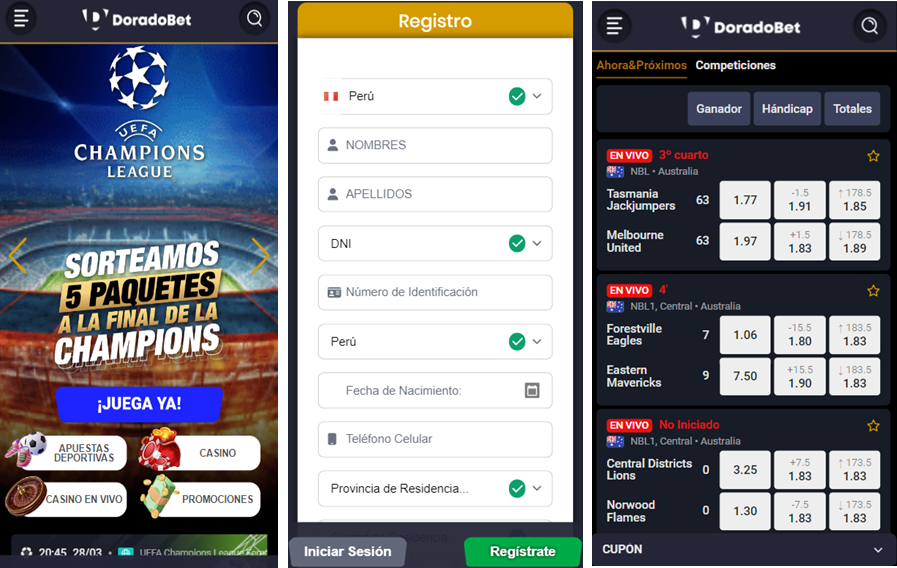 Tres screenshots de DoradoBet Perú app para android