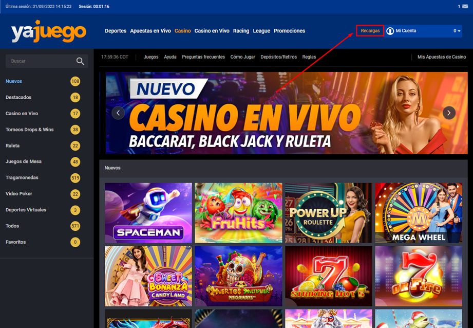 Casino de Yajuego marcando el botón de Recargas