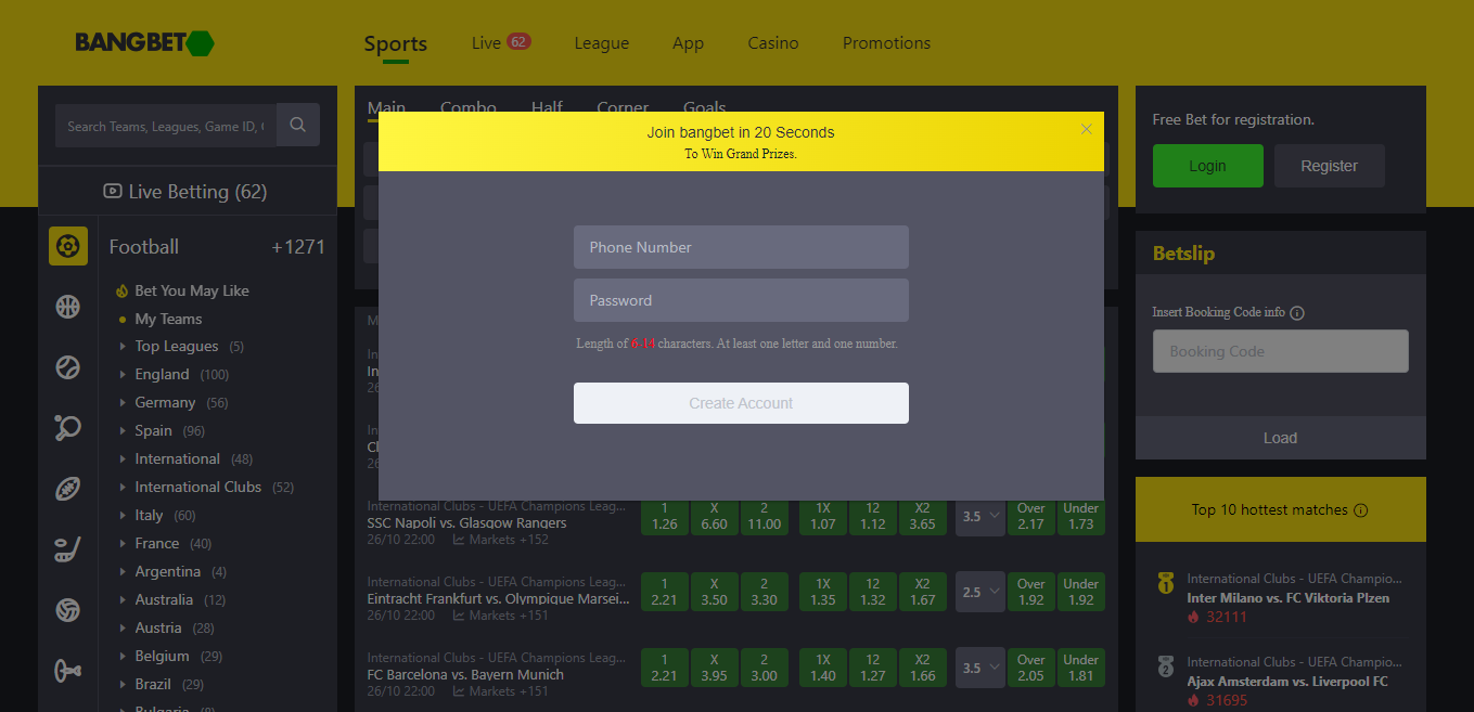 Graphic showing details needed to sign up to the Bangbet sportsbook.