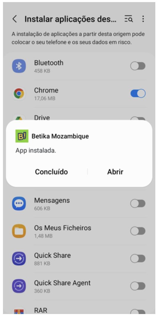 Abrir a aplicação grátis da Betika Moçambique instalada com sucesso no Android