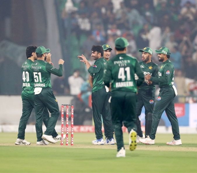 Pakistan players celebrate a wicket. @PCB