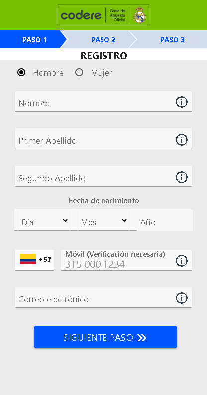 Se muestra la versión móvil del formulario de registro de Codere