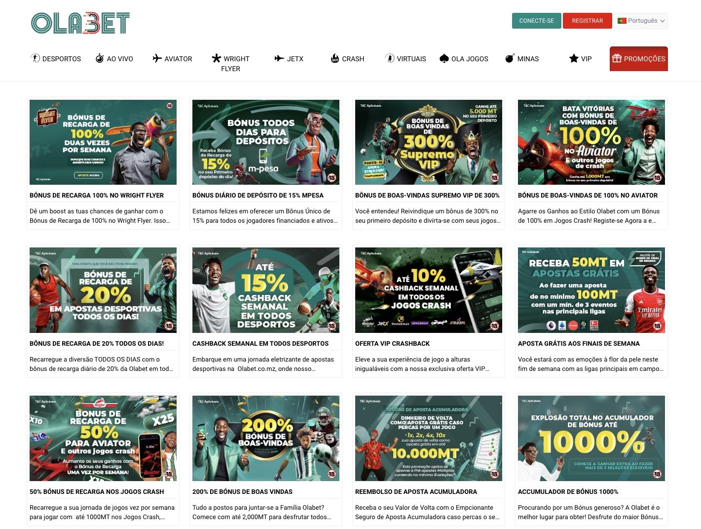 Captura de ecrã da secção ‘promoções’ do site da Olabet