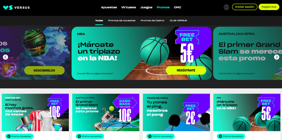 Se muestran algunos de los bonos y promociones disponibles en Versus