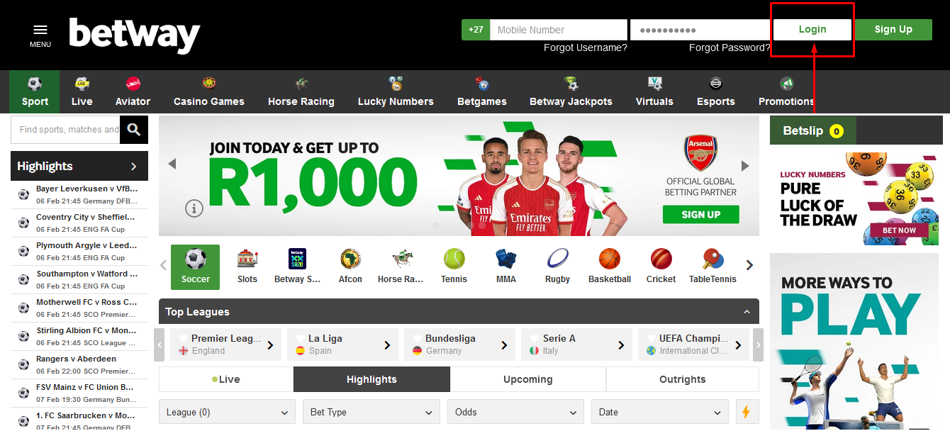 Image Betway South Africa Homepage