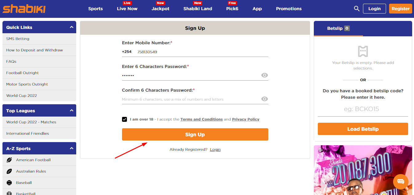 Image showing the Shabiki register icon after filling details