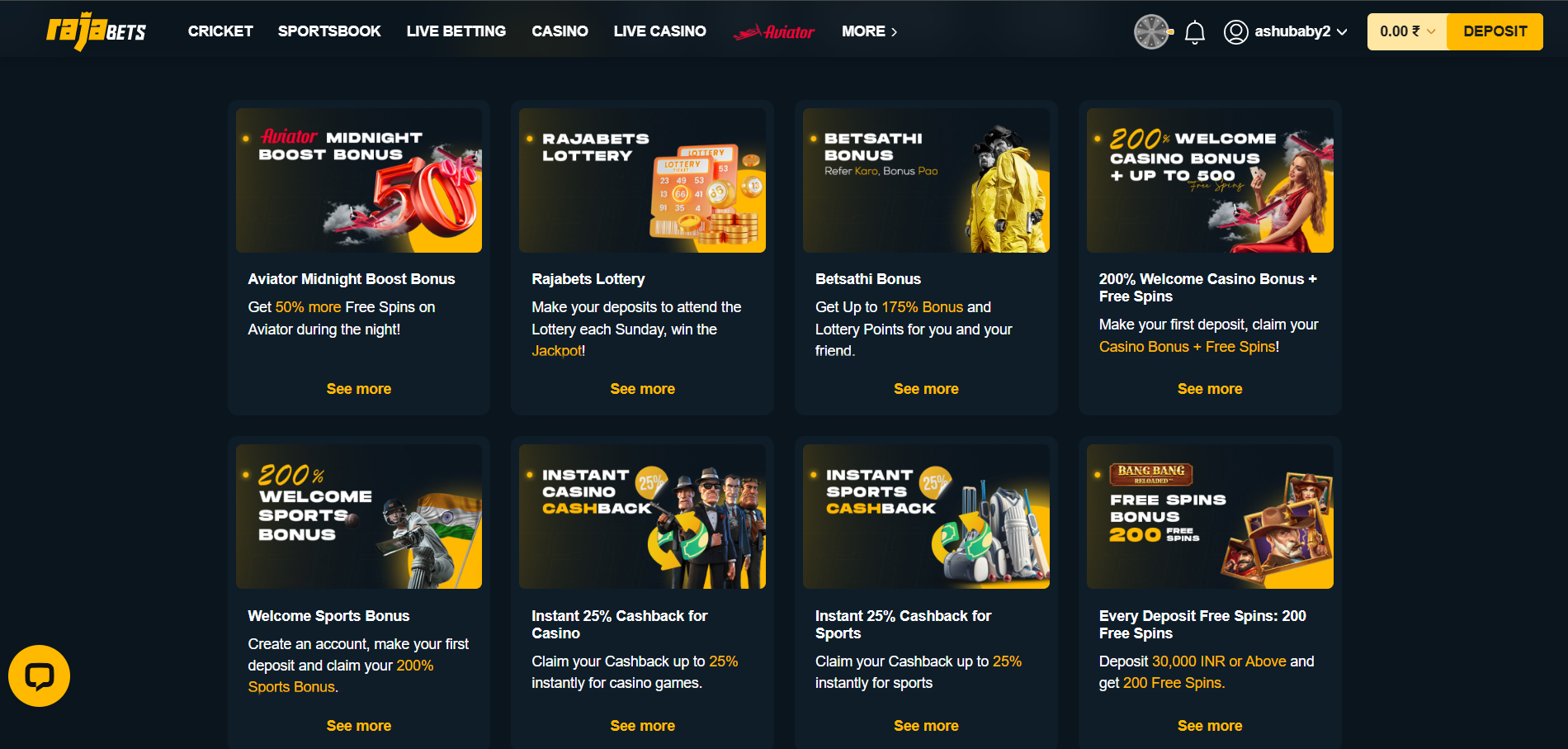 Bonus page at Rajabets Rajabets bonus page