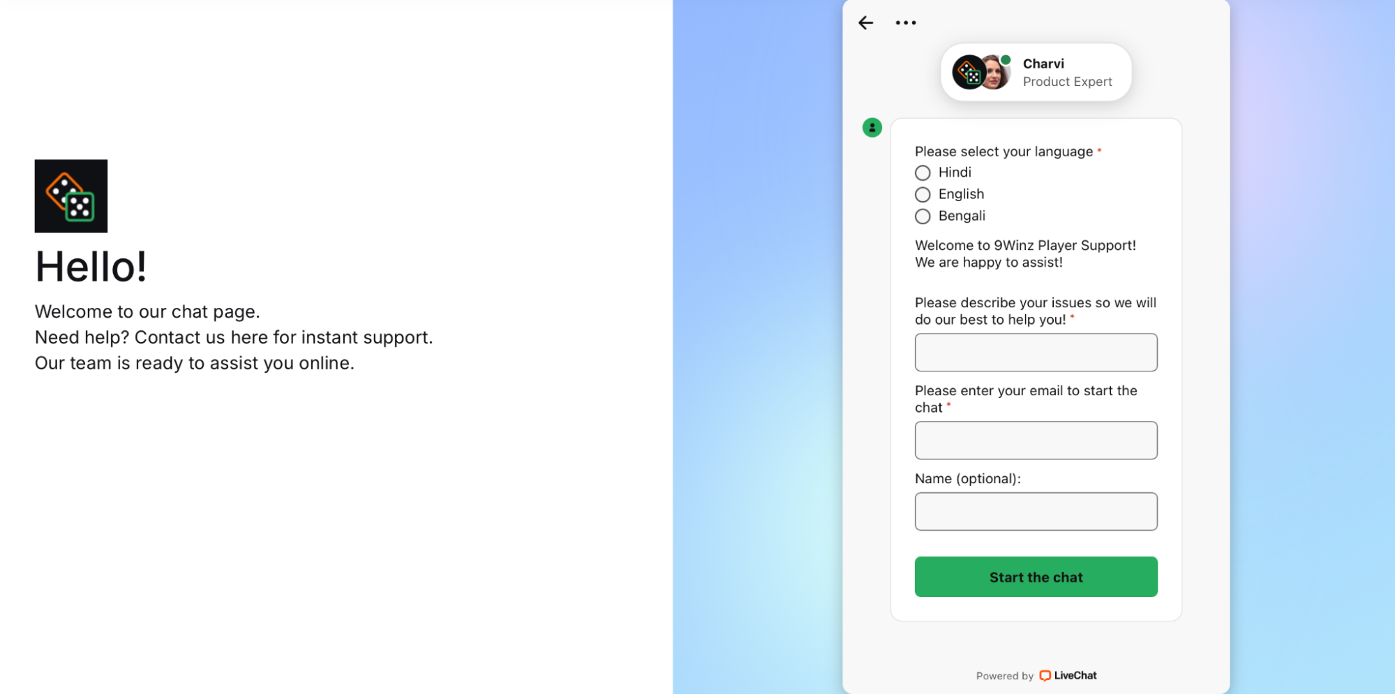 Live Chat Option at 9Winz Support