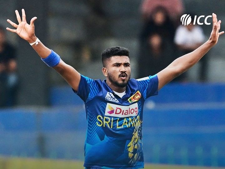 Dilshan Madushanka celebrates his last over hat-trick. @ICC/X Dilshan Madushanka celebrates his last over hat-trick. @ICC/X