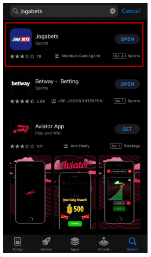 Aplicação Mobile da JogaBets para iOS