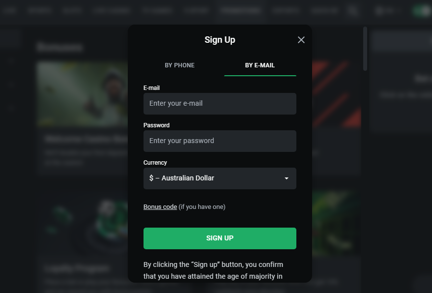 An image of the Leon sign-up form by email