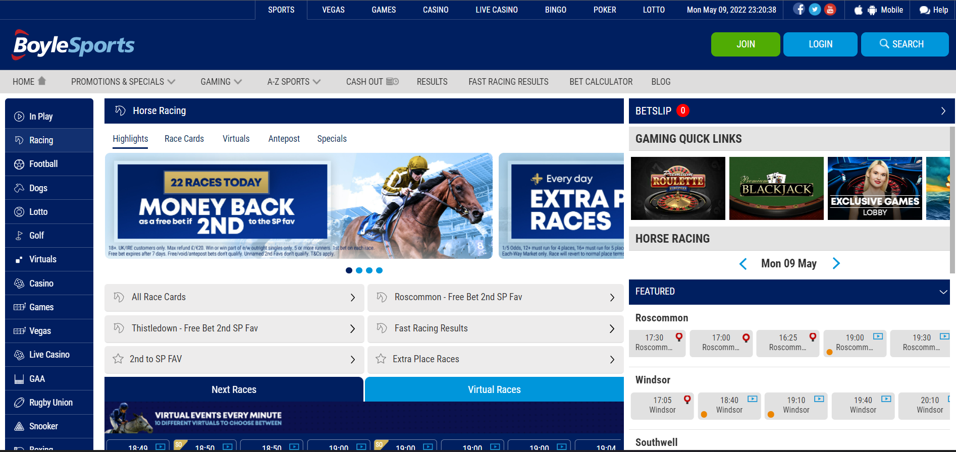 The official website of BoyleSports showing the page for online horse race betting