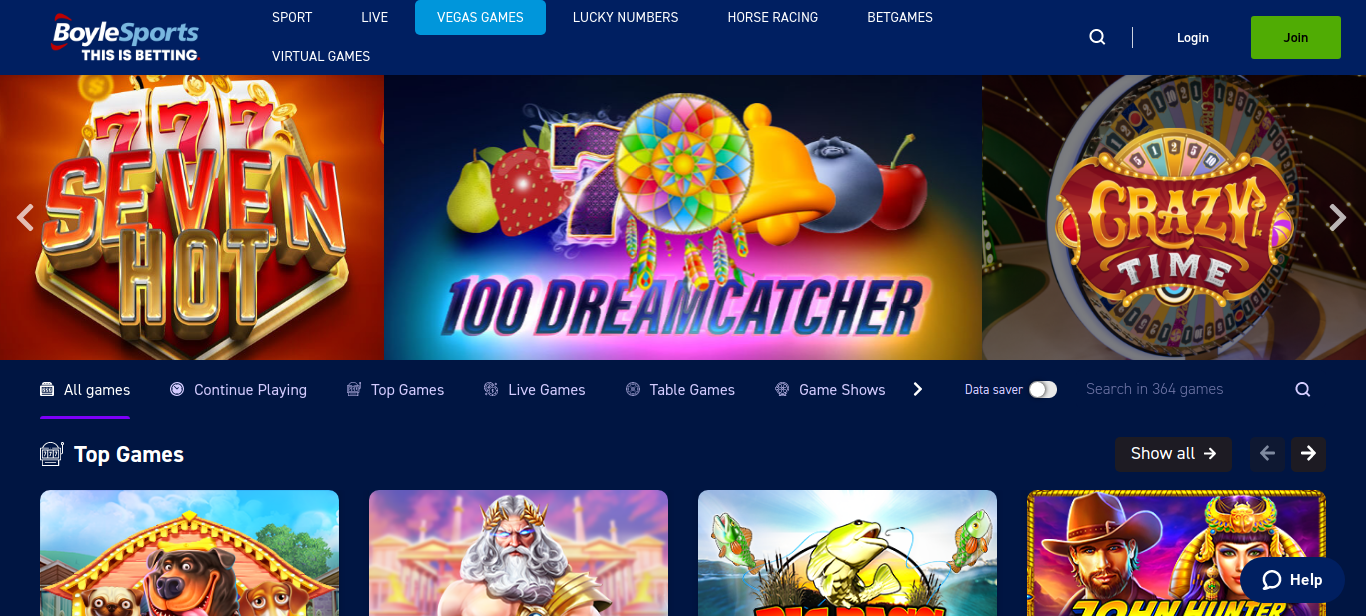 Image shows BoyleSports casino page
