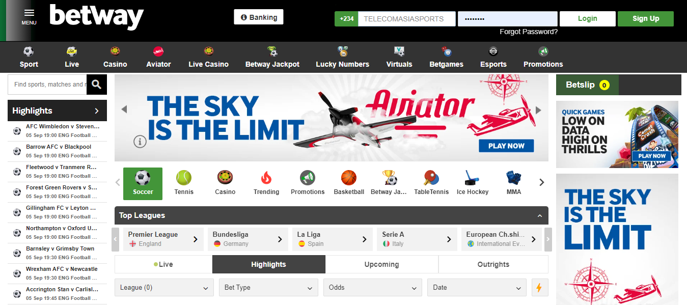 Image of Betway homepage page