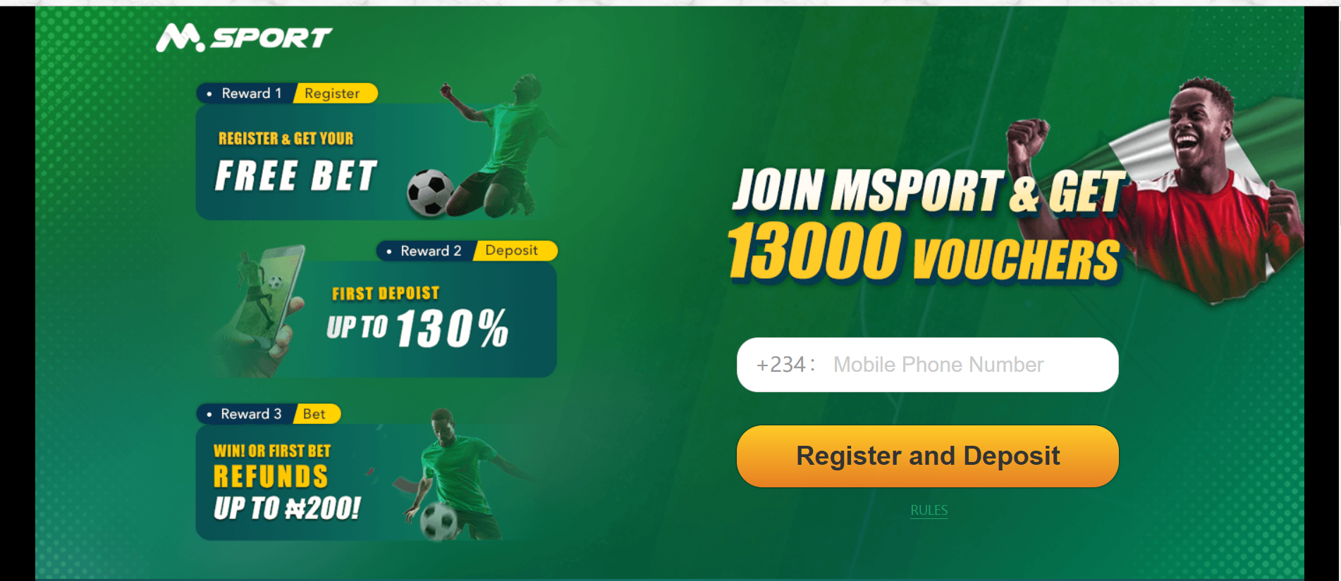 Webpage of MSport showing the three different bonuses one gets after registration.