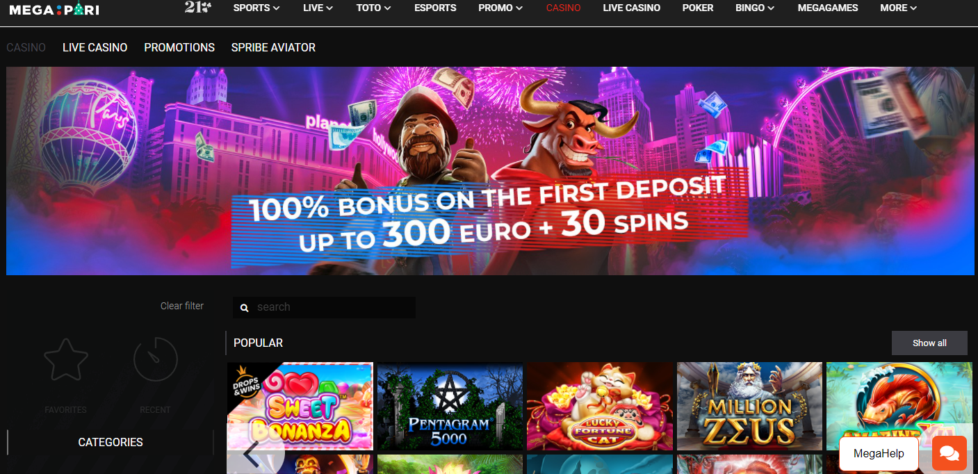 The casino games available to play on Megapari