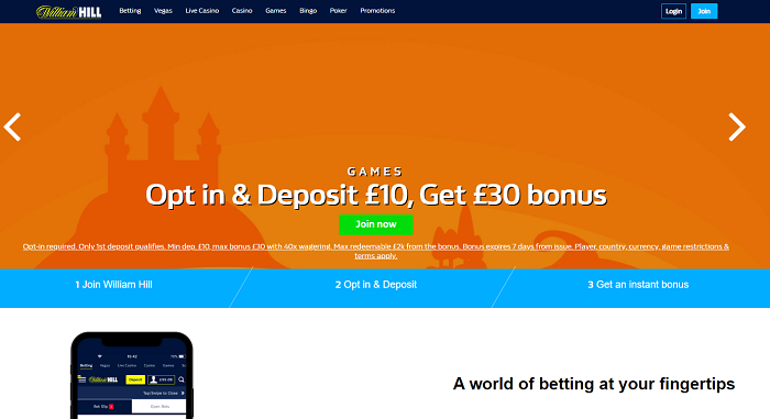 The homepage of William Hill betting site