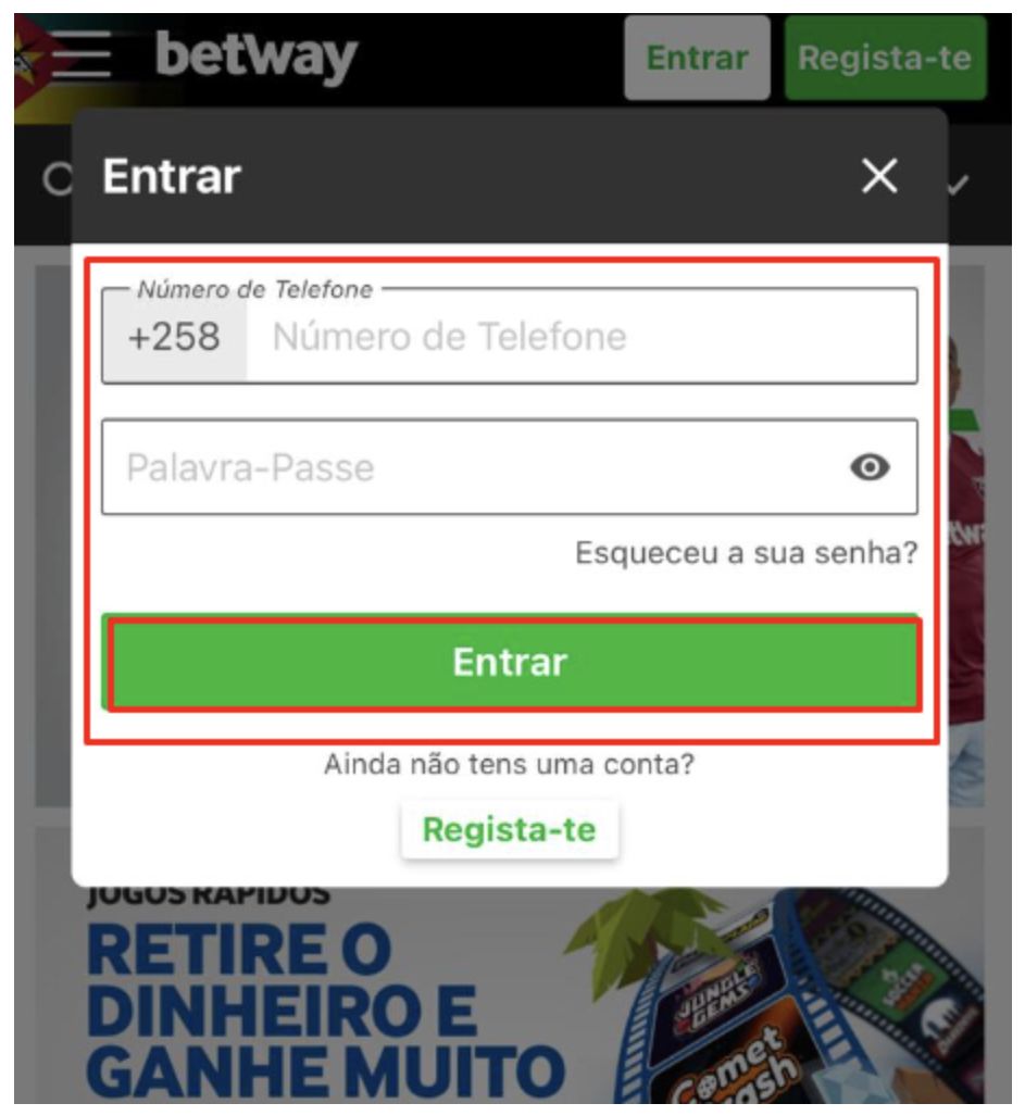 Processo de login na Betway app