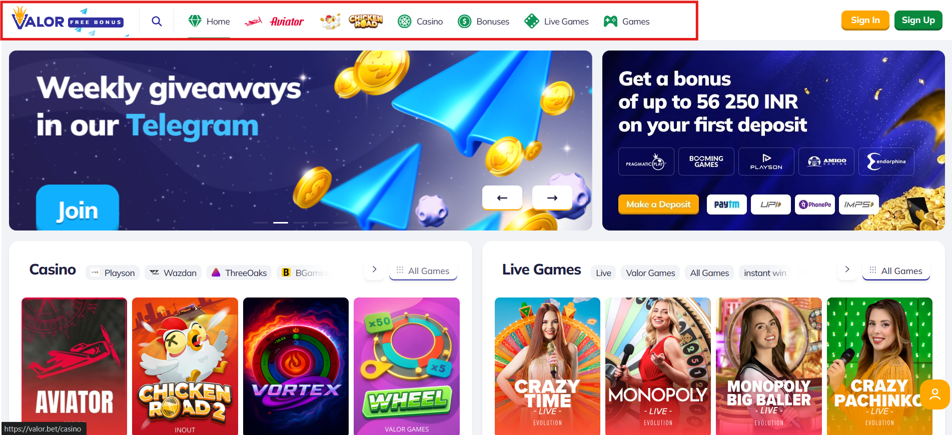 App menu on Valor Bet