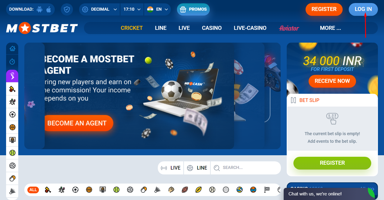An image of the Mostbet homepage page