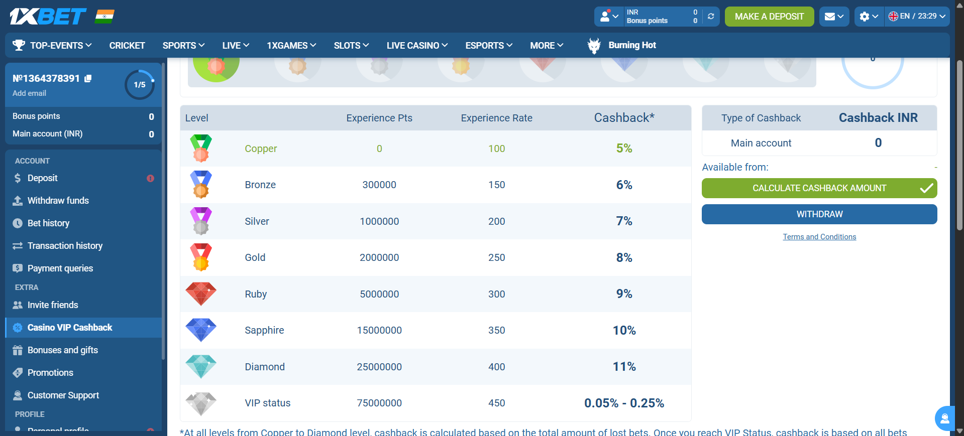 VIP Cashback at the casino