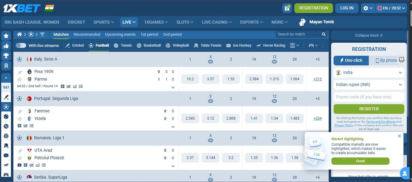 Bet on live games on 1xBet 1xBet Betting odds table