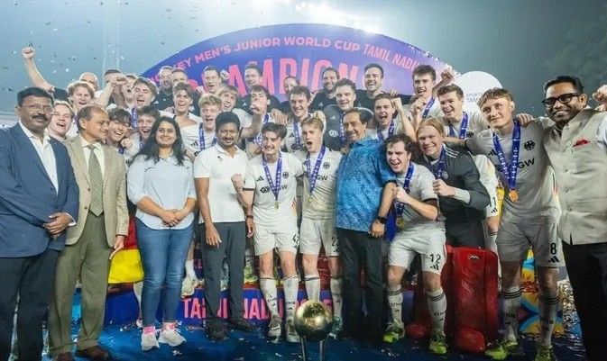 TOP OF THE WORLD: German players pose after clinching the Junior World Cup. @Organisers TOP OF THE WORLD: German players pose after clinching the Junior World Cup. @Organisers