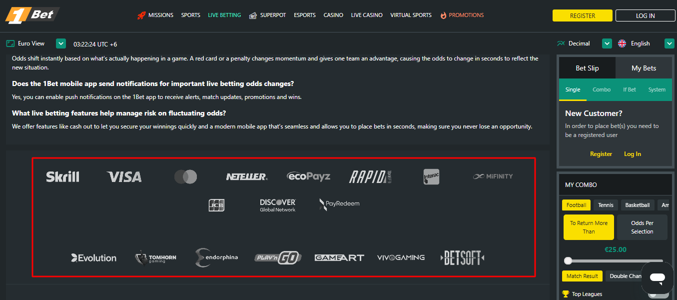 1Bet Payment Options