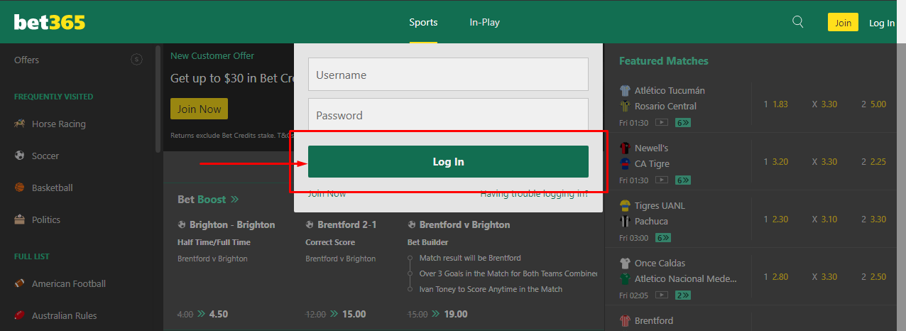 Image of the Bet365 Ghana complete login page