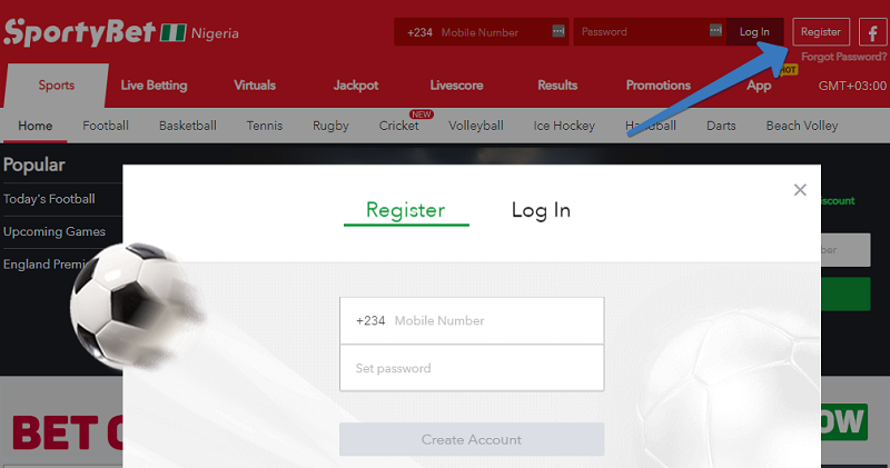 Sportybet sign-up page