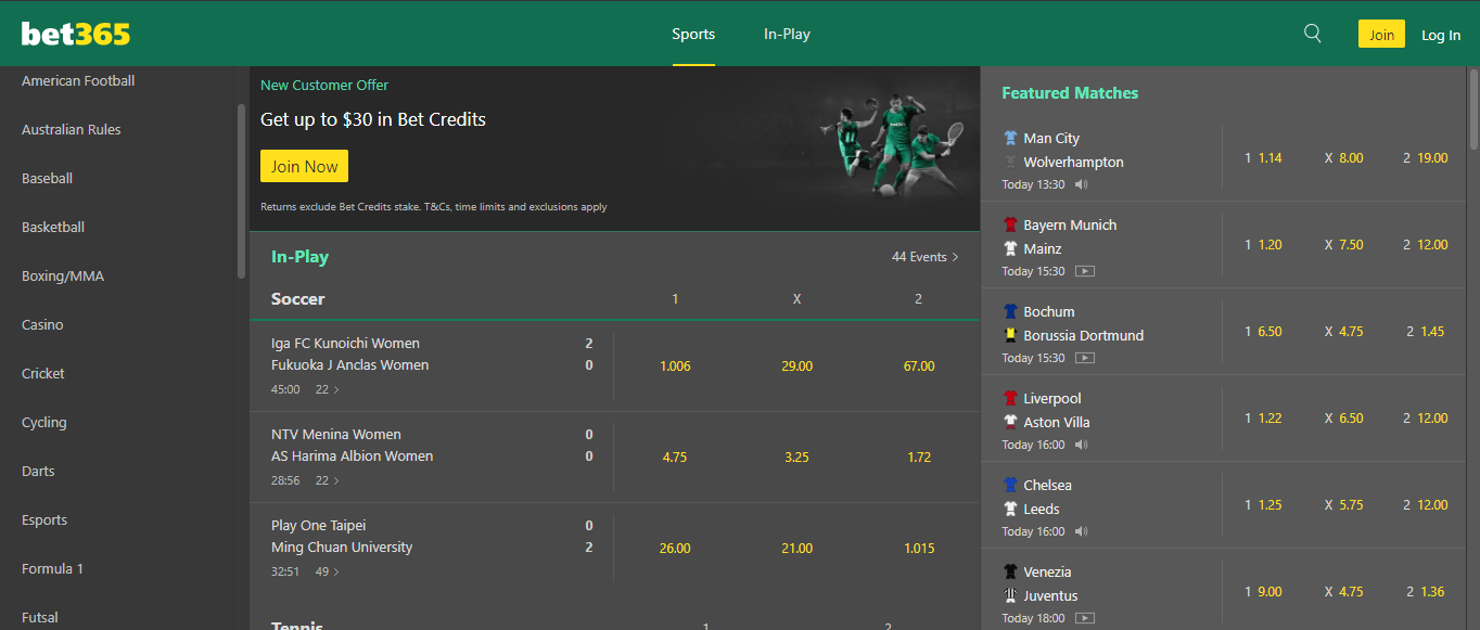 Bet365 Football betting web app homepage