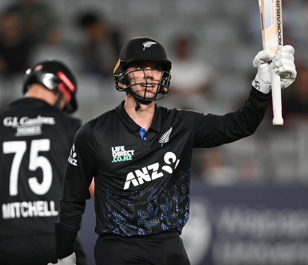Mark Chapman celebrates his fifty as he laid the foundation for New Zealand's three-run victory. @BLACKCAPS/X
