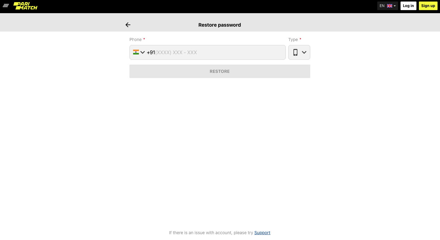 Image for Parimatch login issue.