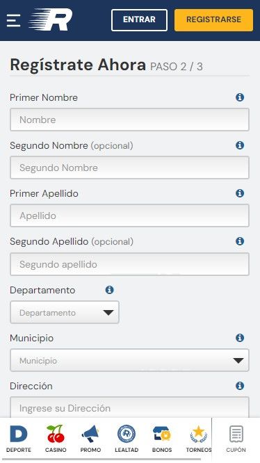 Formulario de registro de Rushbet Colombia