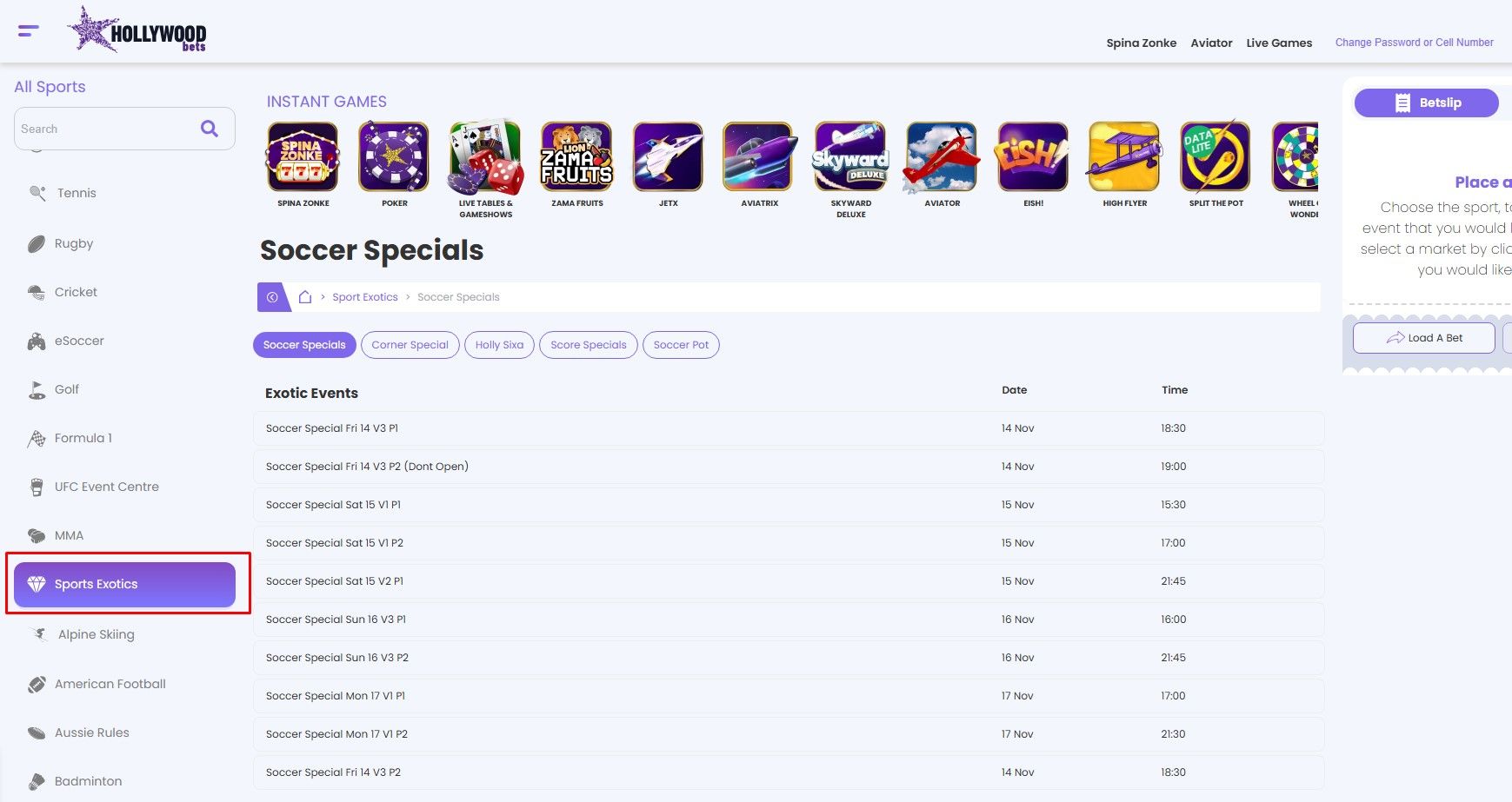 Sports Exotics Hollywoodbets Features