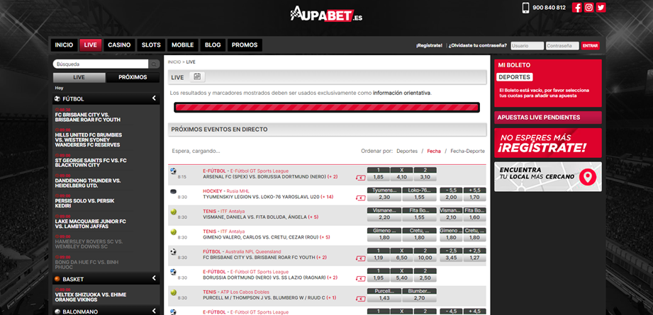 Se muestra la sección de apuestas en directo disponible en Aupabet Web