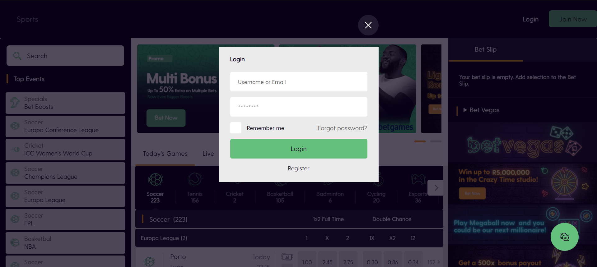 Sign in with Bet.co.za online sportsbook using your email or username in no time.